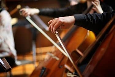 Seguro de instrumentos musicales, musicos de una orquesta tocan sus violoncellos